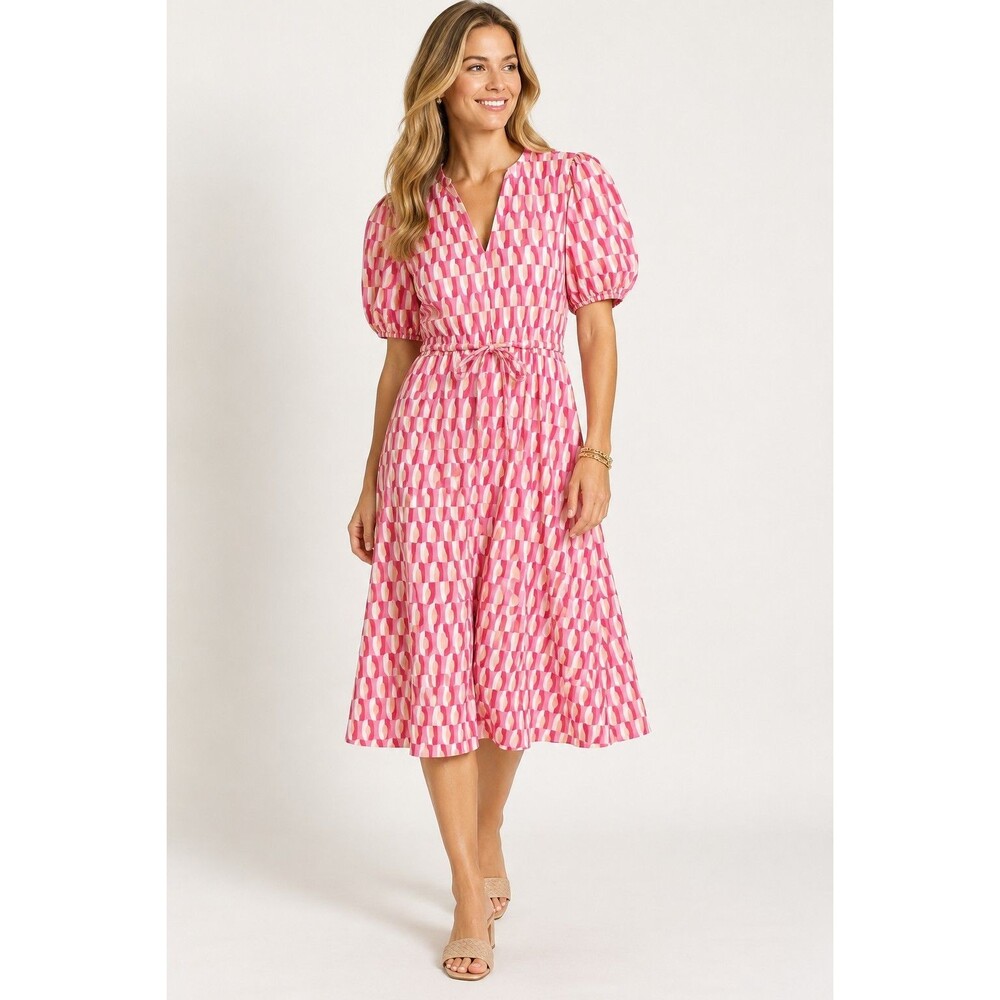 Jude Connally Cassandra Dress Womens S Pink Geometric Puff Sleeve Tie Waist Midi
